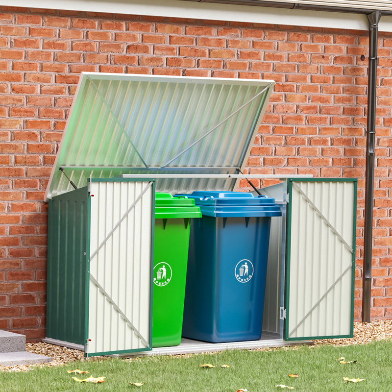 Pitched Roof Metal Garbage Shed, green