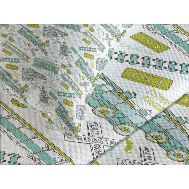 Ambesonne Steam Engine Bedspread Set Train Pattern Travel Apple Green Turquoise, King Bedspread + 2 Standard Shams