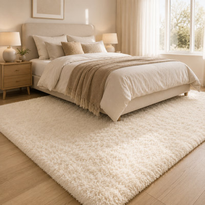 Tapis à poil long blanc crème 5 x 7 pi pour décoration de salon de chambre