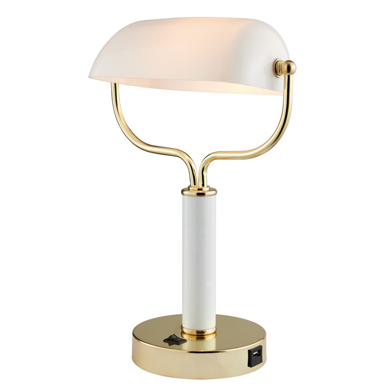 Metal USB Bankers Lamp, White/Gold