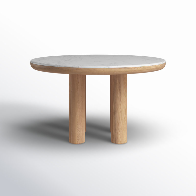 Round White Marble Top Dining Table with Solid Wood Base