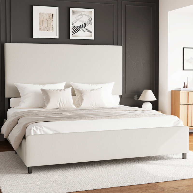 Upholstered Platform Bed With Modern Panel Headboard, Beige, Queen