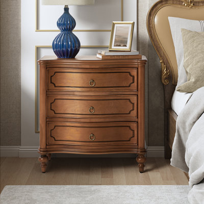 Elfine  28'' W Traditional Curves Nightstand with Charging Station and Solid Wood Legs and Metal Knobs Adorn