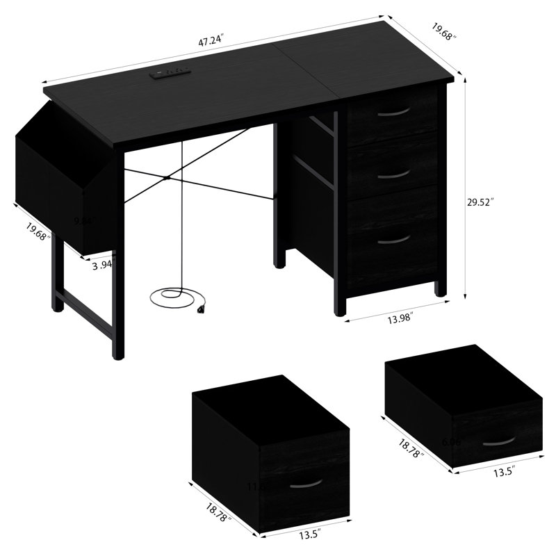 Bureau de 47,3 po avec prise de courant, Noir, noir, noir, noir