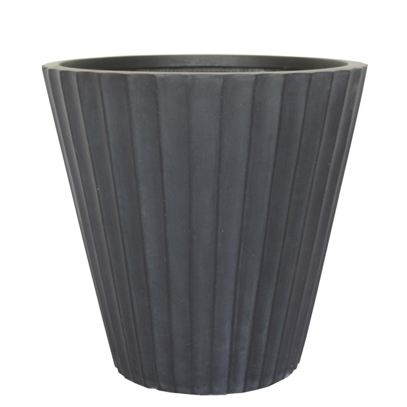 Concrete Effect Round Planter, Vintage Style Flower Pot, Frostproof Outdoor Plant Pot with Ribbed Pattern, Black Round Garden Planter with Drainage Holes