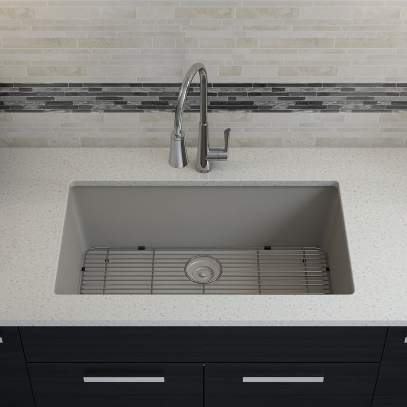 Évier de cuisine 32 po x 19 po en quartz, évier à simple cuve, évier encastré, évier sous comptoir, évier de cuisine en granite, avec grilles en acier et crépine, bride d'évacuation