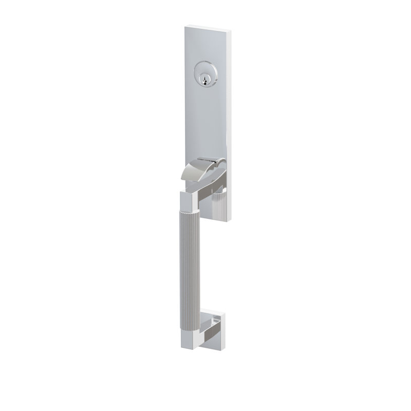 Emtek SELECT Dummy, monobloc à mortaise, tige extérieure en L, poignée moletée droite ; poignée intérieure Helios, chrome poli, droitier