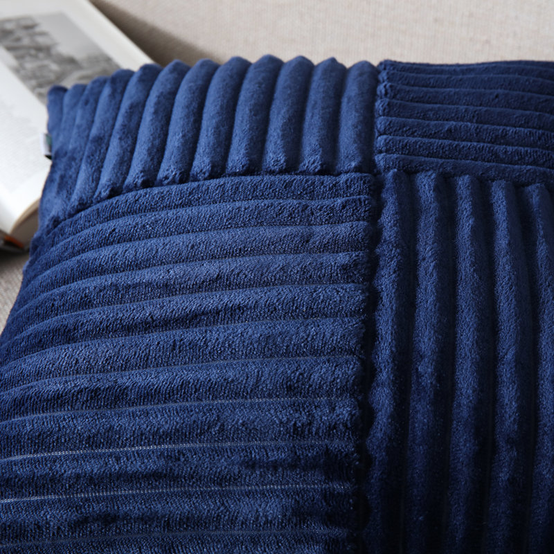 Square Striped Corduroy Soft Flannel Patchwork Pillow Cover, Navy Blue, 18"H x 18"W