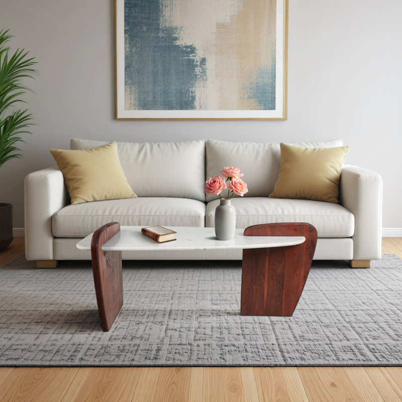 Modern Marble & Wood Coffee Table Contemporary Living Room Centerpiece White 53"