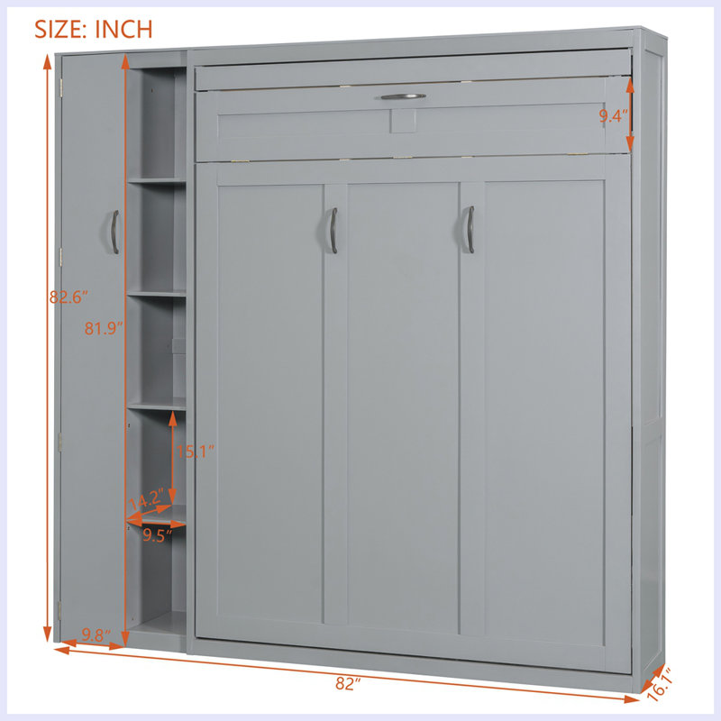 Lit escamotable moderne avec tablettes murales, Gris, Complète