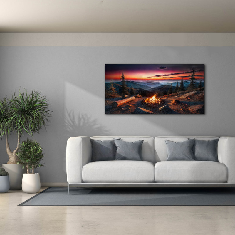 Art mural sur toile Gracesyn, "Campfire In Mountains At Sunset" par Rey Klimt, H 30 po x l 60 po