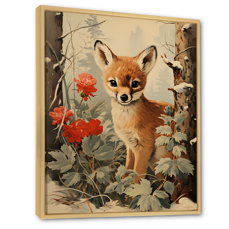«Brown Deer Winter Adventure I - Fox Animal», art mural, Cadre flottant brun, 32" H x 16" W