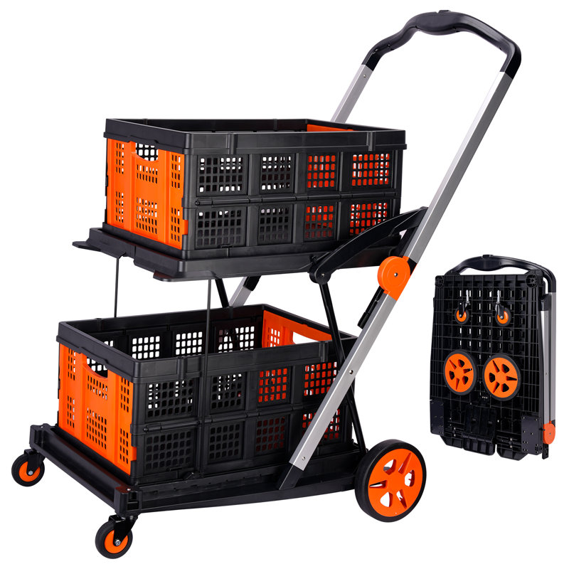 Collapsible Shopping Cart On Wheels, Folding Shopping Cart With 360° Swivel Wheels, Multi Use Utility Cart Adjustable Portable Trolley With 2 Storage Crate, Used For Picnic, Supermarket, Orange