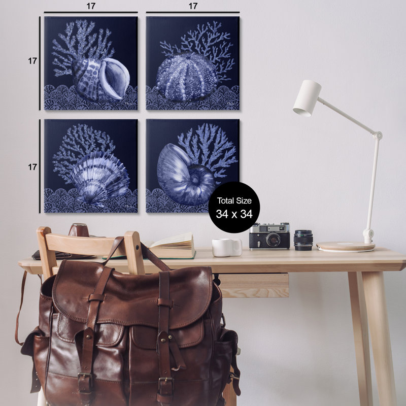 Ensemble d'art mural sur toile 4 pièces Indigo Nautical Seashells par Paul Brent