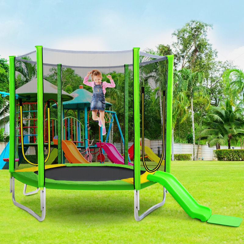 Trampoline with Safety Enclosure Net, Slide and Ladder Recreational Trampoline, Green