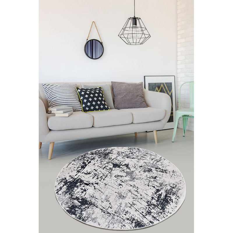 Gerbera Abstract Machine Made Polyester Blend Area Rug in Gray/Black, Round 6'7"
