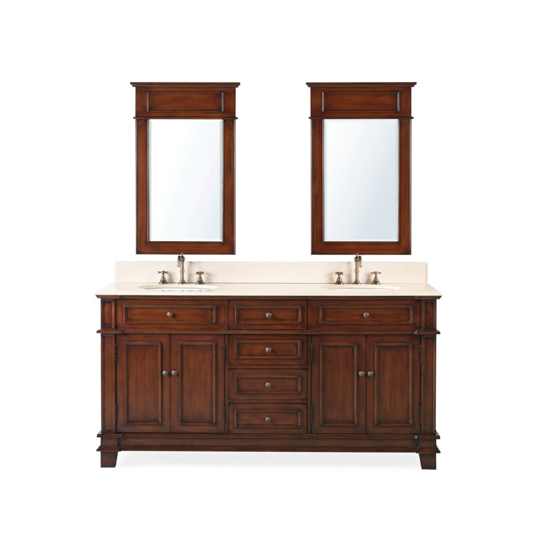Benton Collection 70 Inch Traditional Freestanding Medium Brown Sanford Bathroom Vanity with Mirrors, Double Sink, Cream Marble Top, Fully Assembled