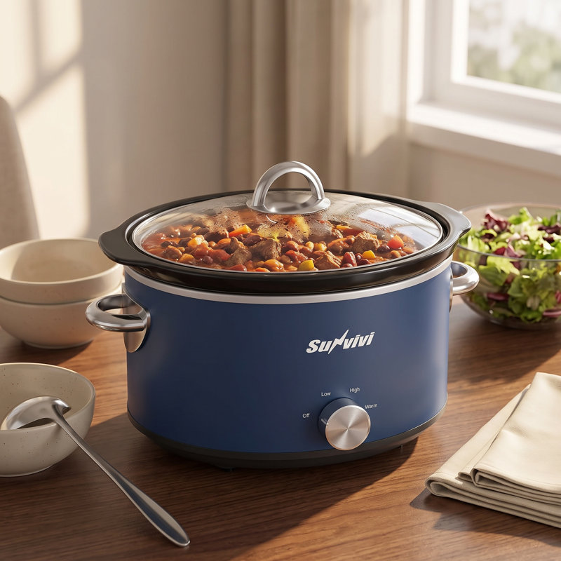 Mijoteuse de 4 litres avec mini chauffe-plats, 3 niveaux de température, cuve amovible en céramique et couvercle en verre compatible lave-vaisselle, couleur bleu, idéale pour la cuisine.
