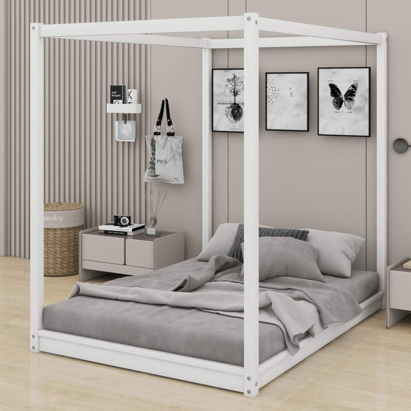 Lit plateforme à baldaquin avec pieds de support, Blanc, Grand lit