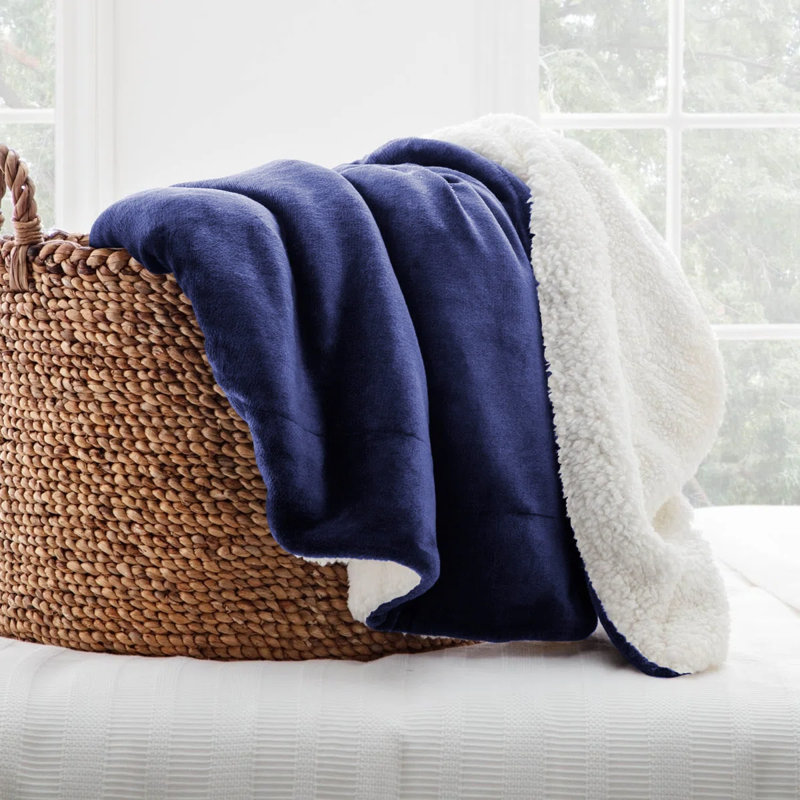 Reversible Soft Sherpa Fleece Fur Thick Dual Sided Blanket Throw, 200cm x 240cm, Blue