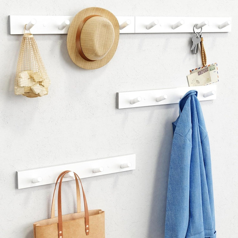 Porte-manteau mural en bois blanc, crochets robustes pour manteaux, chapeaux, sacs et vestes