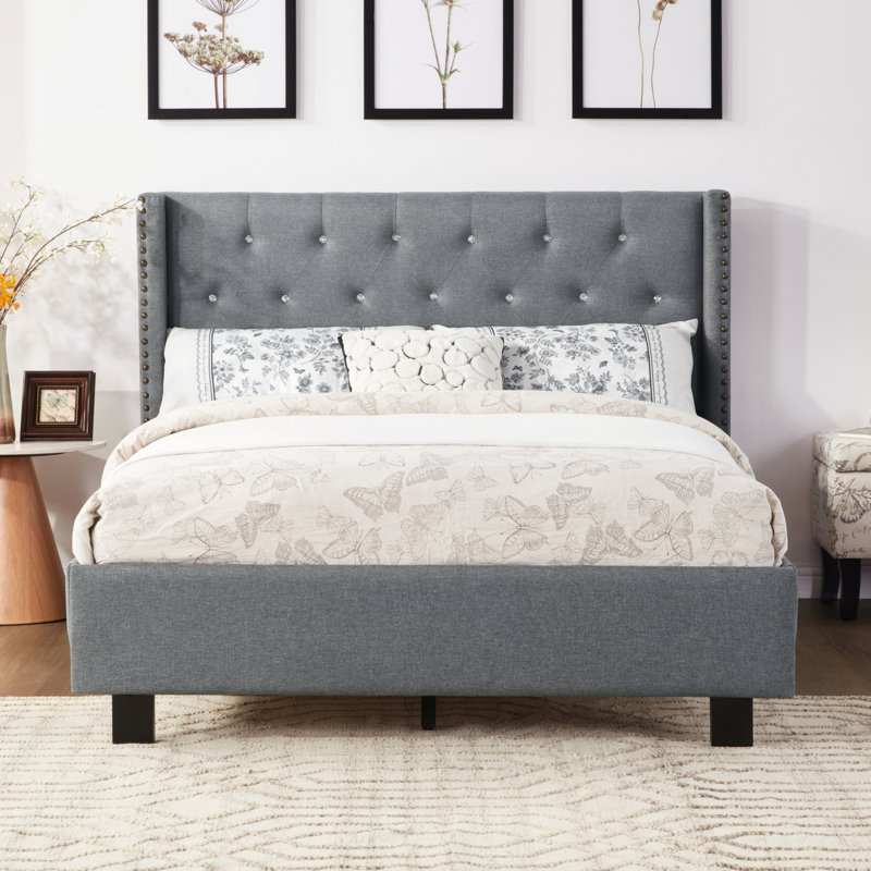 Upholstered Bed Frame with Wingback Tufted Headboard, Gray, Full