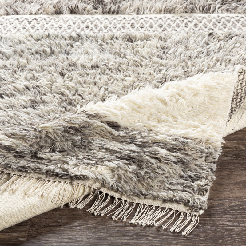 Gray and Cream Handwoven Wool Striped 9' x 12' Rug