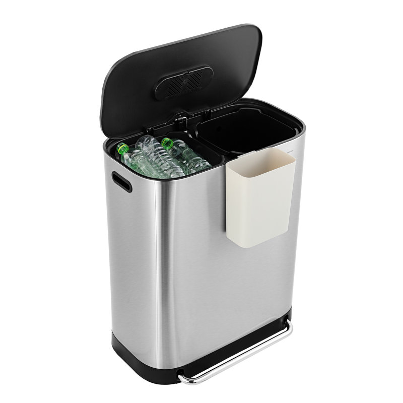 16-Gallon Stainless Steel Kitchen Trash Can with Pedal and Side Bin
