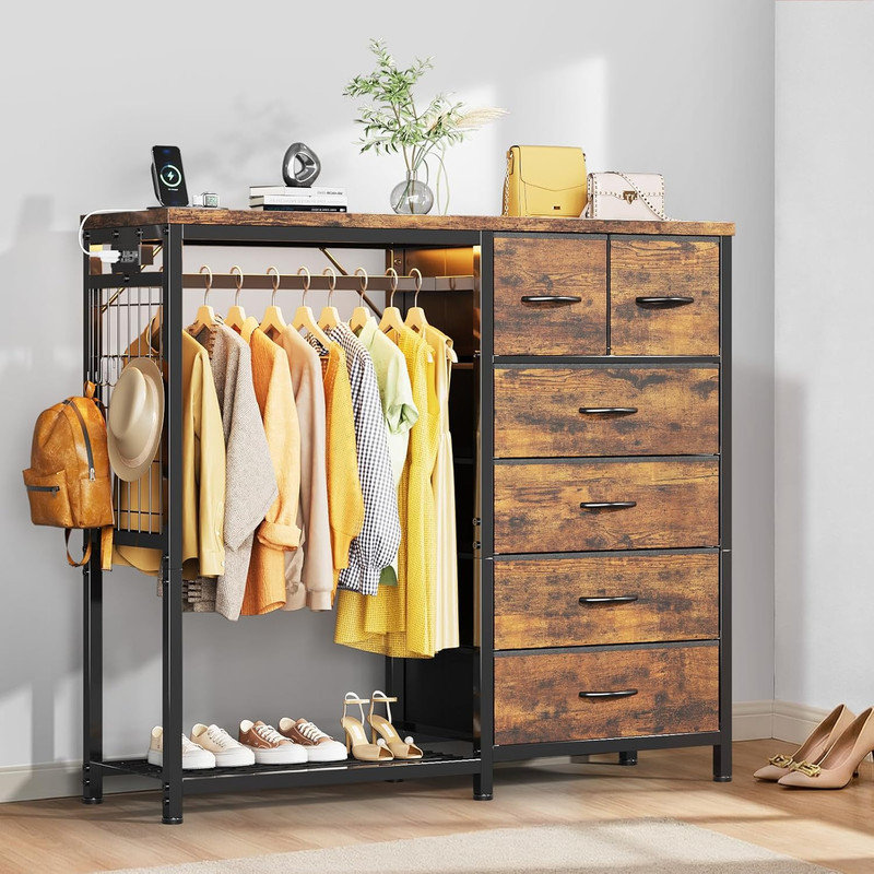 LED Fabric Dresser – 6 Drawers, Hanging Rail & Shelf, Metal Frame Wood Top Wardrobe for Bedroom, Brown