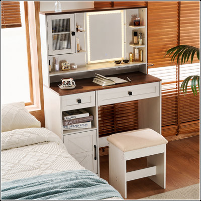 Meuble-lavabo de ferme avec miroir, lumières, station de charge, tabouret, tiroirs, tablettes et armoire d'appoint