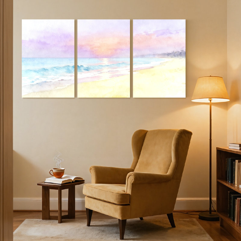 Plage, ciel pastel, vagues de l'océan, plage de sable, coucher de soleil, horizon, ensemble de 3 impressions sur toile