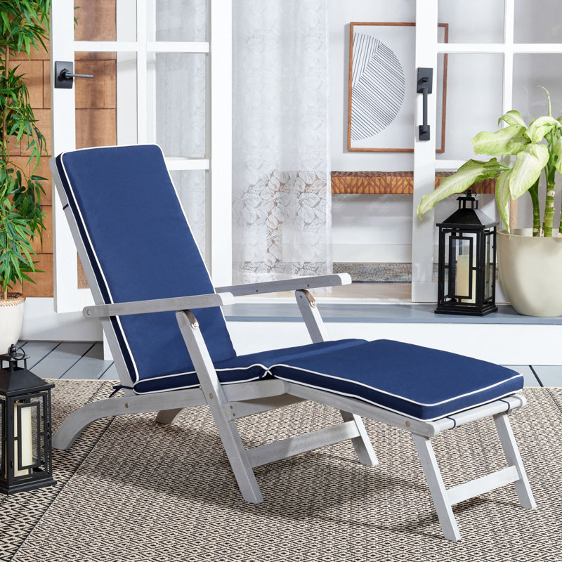 Barksdale Outdoor Acacia Wood Chaise Lounge , Cushion Included, Gray Frame/Navy/White Piping Cushion