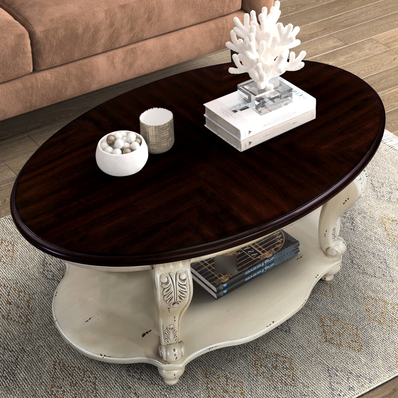 Table basse ovale de 42 po pour salon Allure, bois massif avec 2 tablettes, beige et étincelle, assemblage facile, bois, étincelle