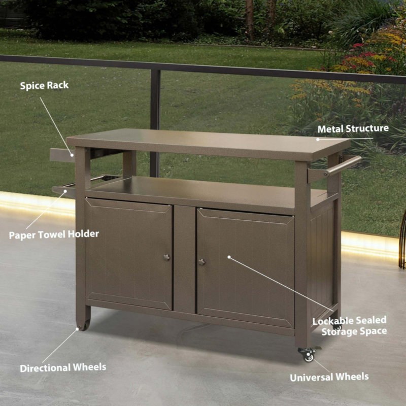 Armoire de rangement pour barbecue avec roulettes, table de barbecue en métal pour l'extérieur, Brun