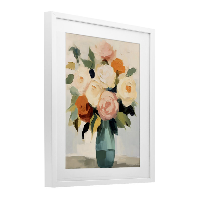 Reproduction sous verre douce dans un vase de roses aux teintes douces, design par LSR Creative Studio, H 21 po x l 17 po