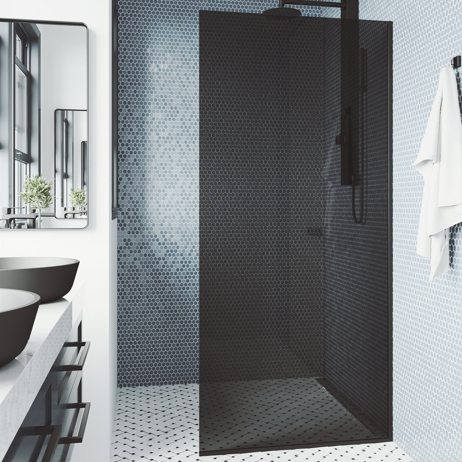 Zenith 34" W x 74" H Fixed Frameless Shower Screen with 3/8" Glass, Matte Black/Black Tint