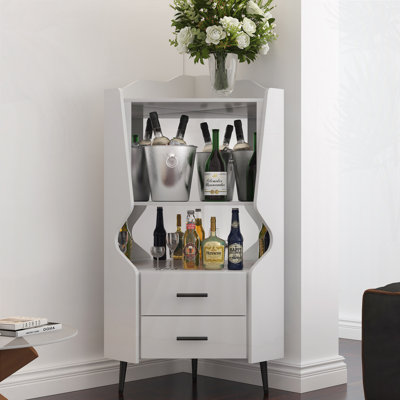 Bar en bois avec 2 tablettes de rangement ouvertes et 2 tiroirs