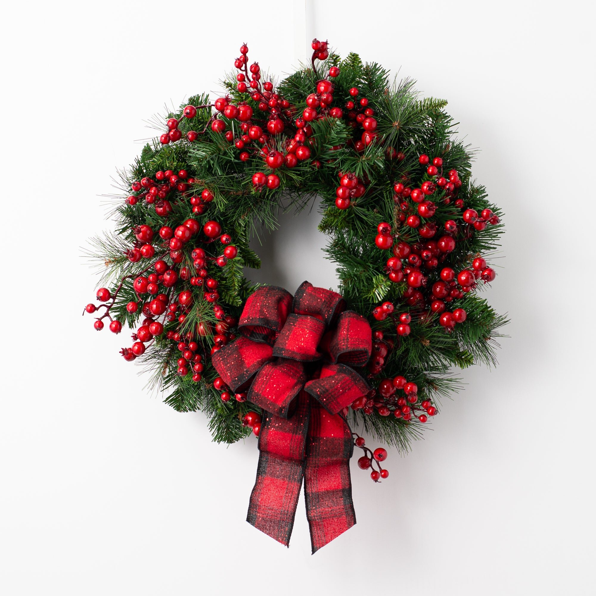 The Holiday Aisle® Berry and Pinecone Holiday with Plaid Bow Silk ...