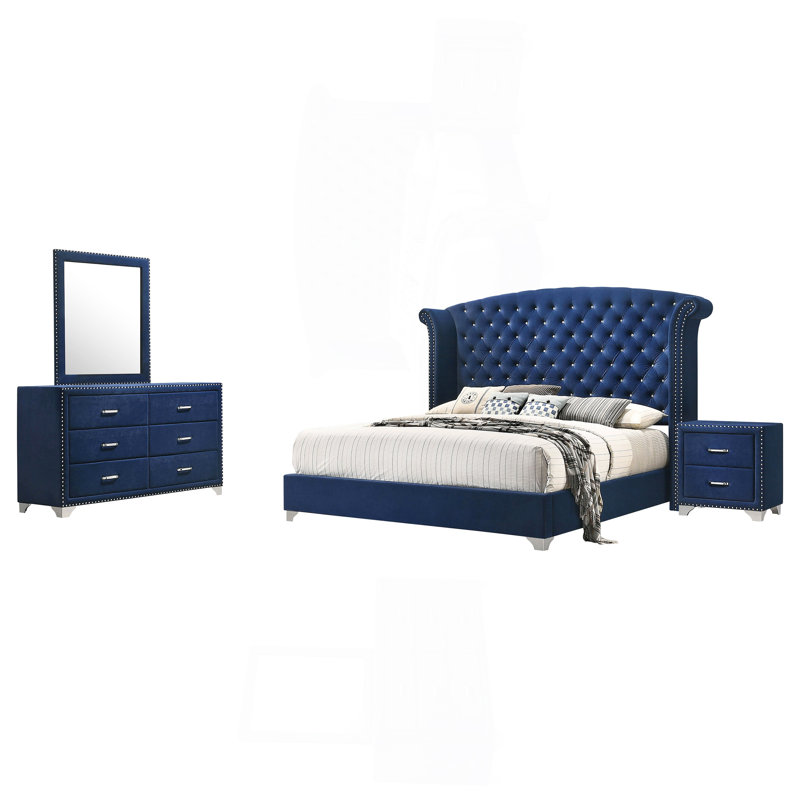 Ensemble de chambre à coucher 4 pièces Kennedy, Bleu, Très grand lit
