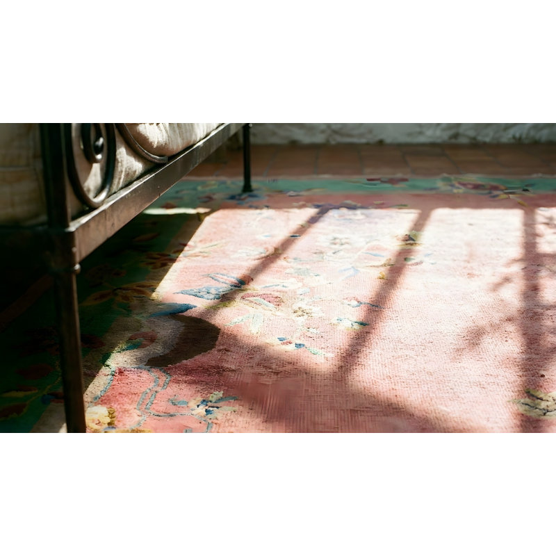 Coral / Salmon Pink Rectangle Hand Knotted Pile 1920s Wool Antique Rug