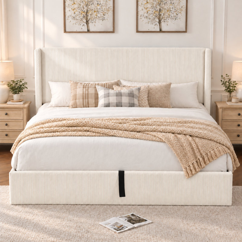 Lit plateforme tapissier avec rangement Lugent, California King, Blanc