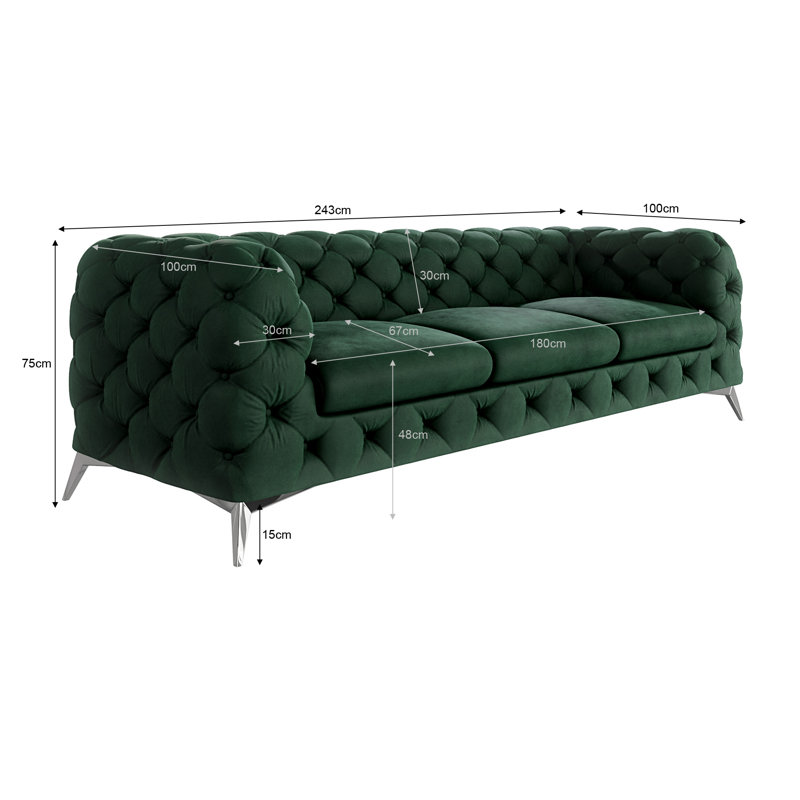 Chesterfield Sofa  3 Seater with Silver Metal Legs, Bottle Green