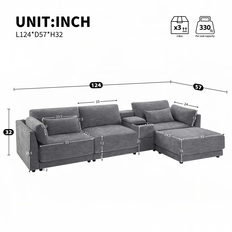 Canapé modulaire modulaire avec console de rangement et repose-pieds mobile, siège d'une largeur de 33 po, Gris