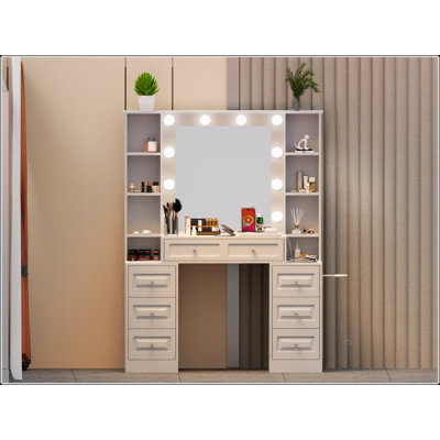Modern Vanity Desk With Lighted Mirror And Charging Station, Perfect For Beauty Enthusiasts And Organized Spaces