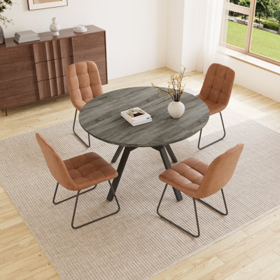 Clanton 43.2"-59.1" Extendable Round Dining Table Set, Mid Century Wooden Round Kitchen Table, Gray Coffee Table For 4-6 Person,Pu Leather Chair