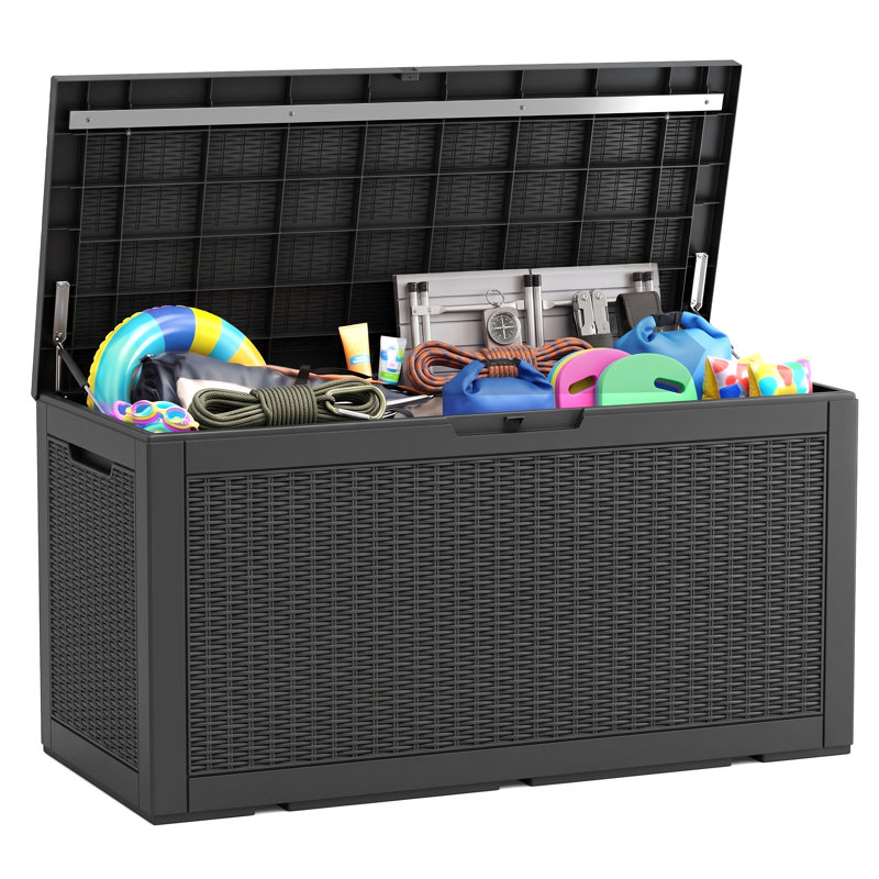 130 Gal Weatherproof Resin Outdoor Deck Box, Lockable Patio Storage Bench with Seat for Cushions, Pool Supplies & Garden Tools
