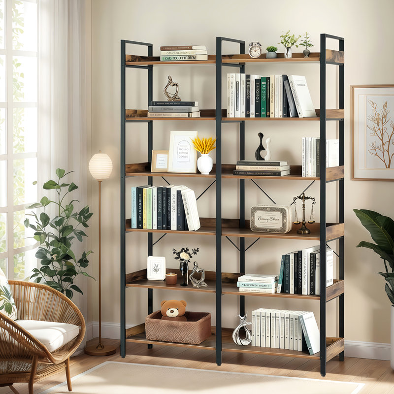 6 Industrial 67" Book Shelves With Freestanding Metal Frame, Open For Bedroom, Living Room, Home Office - Brown Finish, Adjustable Feet, Long Lasting Wooden Bookshelf, High Frame Color, Scratch ,