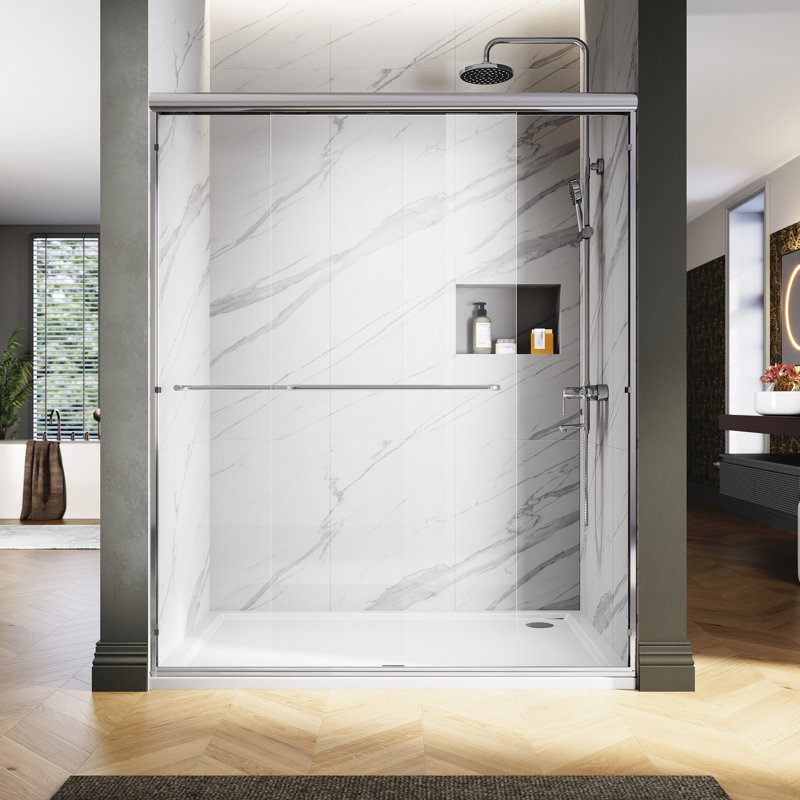 Porte de douche en verre trempé semi-sans cadre à deux poignées en verre trempé de 56 à 60 po x H 72 po, Polished Chrome