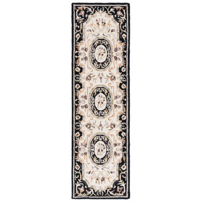 Savonnerie Hand Tufted Wool/Cotton Floral Rug in Black/Ivory/Ivory/Black