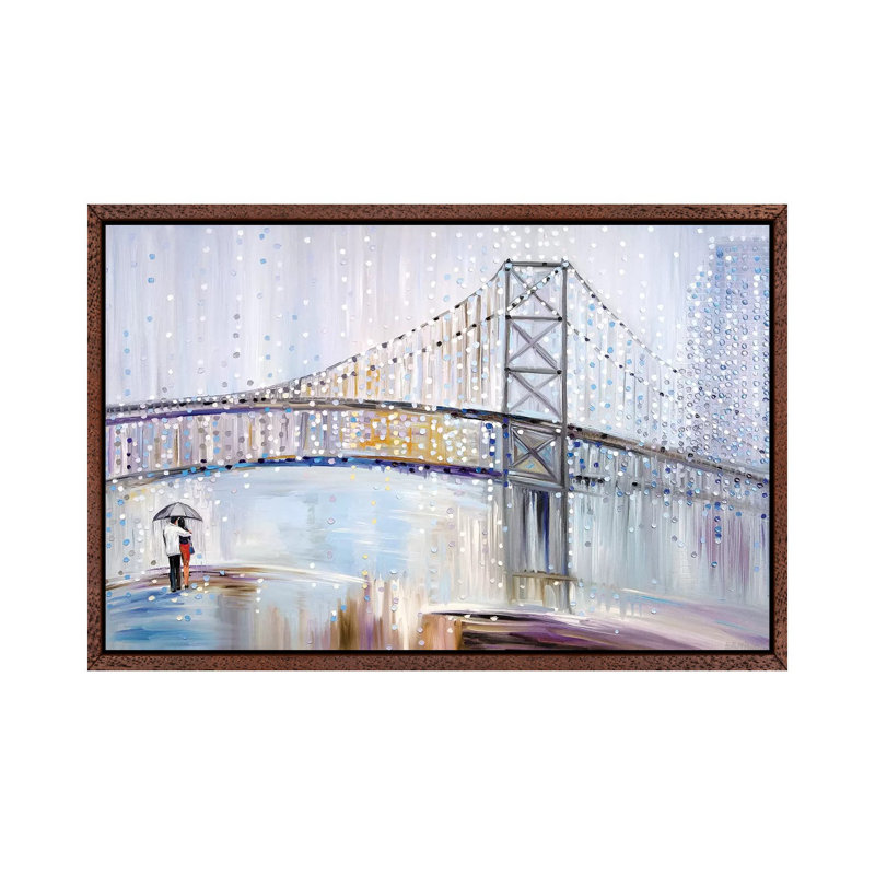 Romantic Rainy Date by Ekaterina Ermilkina - Painting on Canvas, 66.04 cm H x 45.72 cm W, Classic Brown Wood Framed